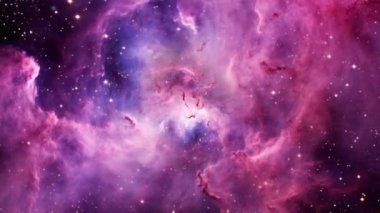 Sınırsız uzayda inanılmaz pembe bir nebula. Yeni galaksilerin araştırması. Yüksek kalite 4k görüntü