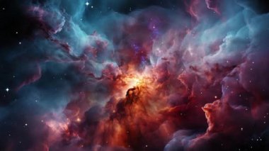 Uzay bulutsusu. Yayılmış bulut şeklinde gaz halindeki bir bölge. Kozmik alana yayılıyor ve yıldızlarla süsleniyor. Yüksek kalite 4k görüntü