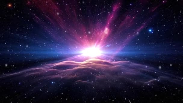 Viaje Espacial Una Nebulosa Púrpura Con Una Estrella Brillante Centro — Vídeos de Stock