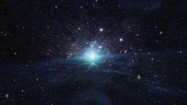 Yıldızlarla ve galaksilerle dolu bir arka plan. Nebulanın merkezine doğru uçun. Yüksek kalite 4k görüntü