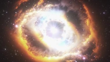 Uzayın derinliklerindeki yıldız alanlarından büyük bir nebulaya uç. Yüksek kalite 4k görüntü