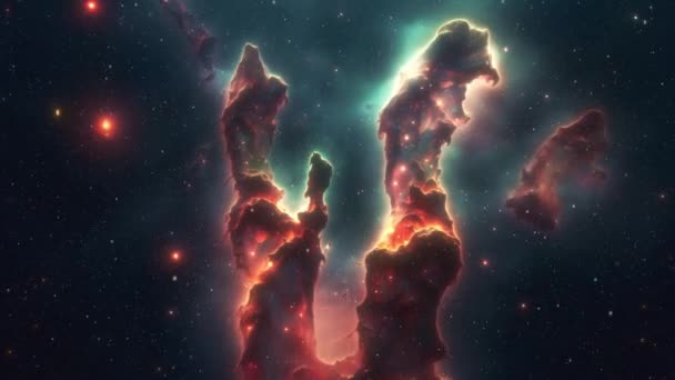 Величественные Космические Столбы Светящимися Краями Звездном Фоне Высококачественные Кадры — стоковое видео