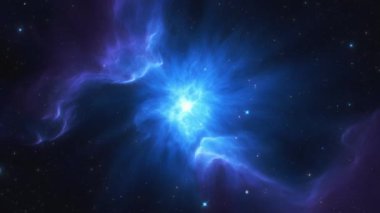 Merkezi yıldız patlamalı parlak mavi nebula. Yüksek kalite 4k görüntü