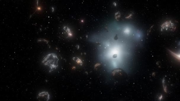 Spazio Pieno Galassie Con Stelle Brillanti Asteroidi Galleggianti Filmati Alta — Video Stock