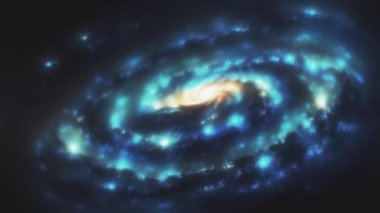 Siyah uzayda parlak merkezi olan mavi bir sarmal gökada. Yüksek kalite 4k görüntü