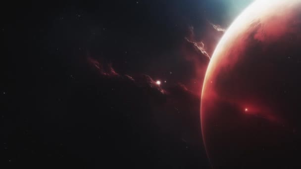 Die Rote Oberfläche Der Atmosphäre Eines Exoplaneten Sonnenaufgang Auf Einem — Stockvideo