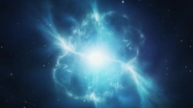Uzak yıldızlarla çevrili canlı bir mavi nebula uzayın kalbine yayılır. Yüksek kalite 4k görüntü