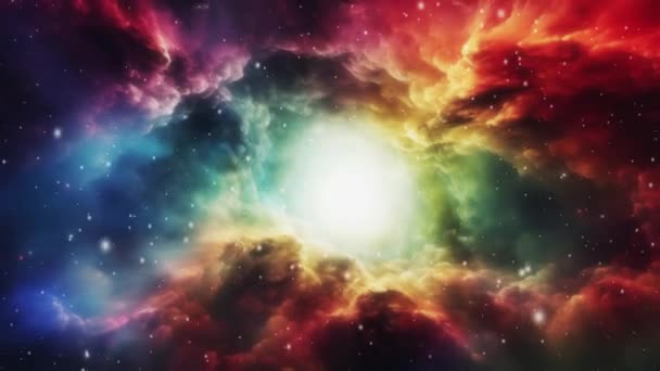 Ένα Αστραφτερό Κοσμικό Σύννεφο Εκρήγνυται Ένα Φάσμα Χρωμάτων Ανάμεσα Στα — Αρχείο Βίντεο