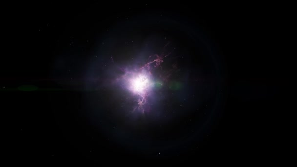 Пролітаючи Через Чорний Порожній Простір Фіолетової Галактики Яскравою Зіркою Центрі — стокове відео