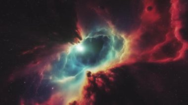 Yıldızlar ve uzay tozuyla çevrili bir nebula ile uzay arkaplanı. Yüksek kalite 4k görüntü