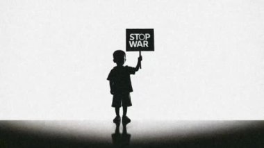 Bir çocuk siluette duruyor, elinde çatışmaya son veren bir işaret var..