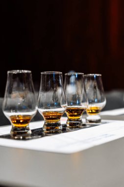 Katılımcılar zarif bardaklarda farklı viski çeşitlerinin tadını çıkarıyorlar.