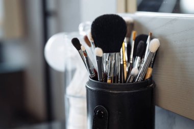 Makyaj fırçaları siyah bir kılıfın içinde temiz bir gösteriş için düzenlenir..