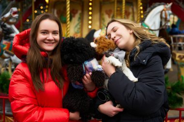 Kış eğlence parkının canlı dekorasyonları arasında, iki arkadaş küçük köpeklerini yakın tutarken gülümsüyor. Atlıkarınca arka planda ışıldıyor..