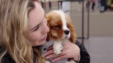 Bir kadın, şövalye Kral Charles Spaniel 'i kendine yakın tutarken gülümsüyor..