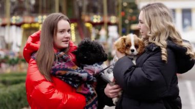 Kadınlar küçük köpekleri tutarken kış pazarında eğleniyorlar..