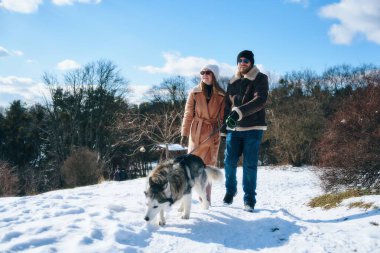 Güneşli bir kış gününde iki kişi bir köpekle karda yürür..