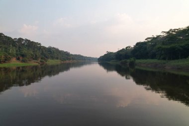 Gün batımında ormanın derinliklerinde huzur dolu yansımalarla dolaşan sakin bir nehir..