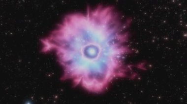 Karanlık bir kozmik arkaplana karşı yumuşak renklerde parlayan canlı bir nebula.