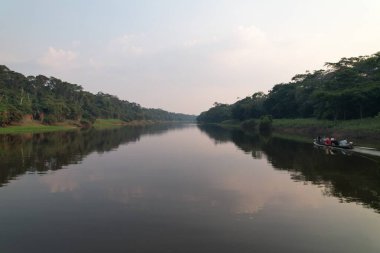 Alacakaranlıkta yemyeşil sularla çevrili sakin bir nehirde kano aktivitesi..