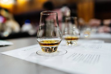 Katılımcılar davetkar bir atmosferde eşsiz viski çeşitlerinin tadını çıkarıyorlar..