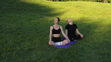 İki birey, canlı bir park ortamında yoga minderi üzerinde farkındalık ve meditasyon yapıyor..