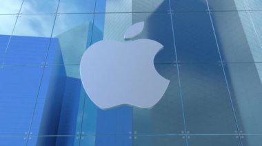 Cam ofis binasındaki Apple logosu. Sadece editörlük amaçlı 3D animasyon.
