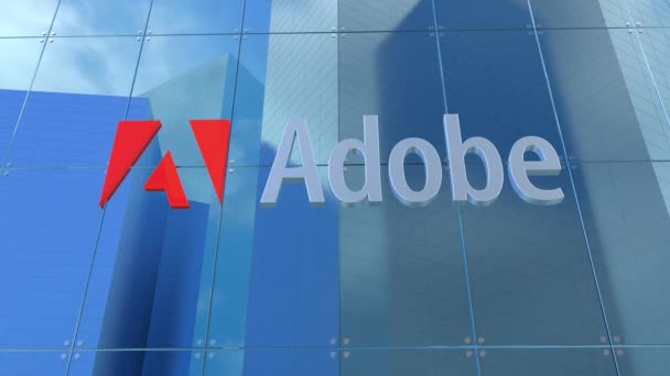 Logo Adobe Szklanym Budynku Biurowym Stock Animacja Tylko Użytku Redakcyjnego — Wideo stockowe