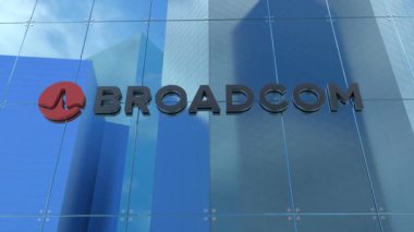 Broadcom Editör 3D Çağdaş Ofis Binası Cam Görünümü Canlandırması