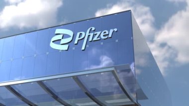 4K 'da şirket logosu olan Pfizer Glass binası.
