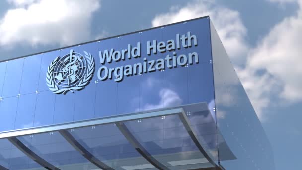 Edifício Escritório Vidro Matizado Azul Organização Mundial Saúde Com Logotipo — Vídeo de Stock