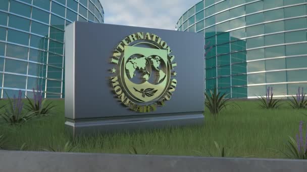 International Monetary Fund Editorial Focus Intricate Corporate Logo Metal Plastic — Stock Video
