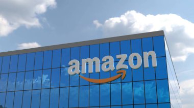 Amazon. Önde gelen bir şirketin logosunun muhteşem 4K görüntüsü büyük bir şirket binasında sergileniyor. Sadece şirket temalı projelerinizde editör kullanımı için mükemmel.