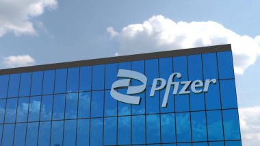 Pfizer bu muhteşem 4K görüntüsü çarpıcı bir cam binanın ön cephesinde sergilenen bir girişimin simgesel kurumsal logosunu çekiyor. Sadece yazı işleri için mükemmel..