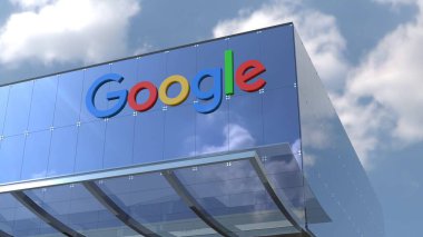Google Bu 4K ile modern mimari bir göz atın sadece cam ofis binası görüntüsü önde gelen bir şirket logosu.
