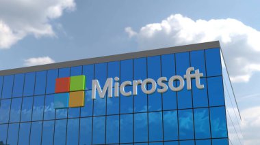 Microsoft A parlak ve modern 3D animasyon tanınmış bir şirketin logosu büyük bir şirket binasının ön yüzünü süslüyor. Sadece şirket temalı projelerinizde editör kullanımı için mükemmel.