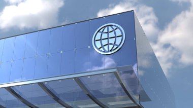 Dünya Bankası Bu 4K ile modern mimari vurgulamak Sadece cam ofis binasının görüntüsü Tanınabilir şirket logosu ile.