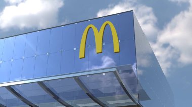 McDonald 's Bu sadece 4K editörlük görüntüsü modernliğin özünü yansıtıyor çarpıcı mavi cam bir şirket logosu var.