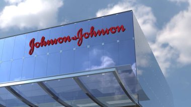Johnson ve Johnson Bu 4K editör görüntülerinde mavi renkli camlı ve tanınabilir logolu bir şirket binasının güzelliği görülüyor..