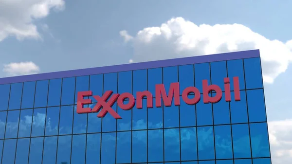 stock image ExxonMobil This stunning 4K animation features the logo of a major corporation displayed on the glass facade of a corporate building. Ideal for editorial use only.
