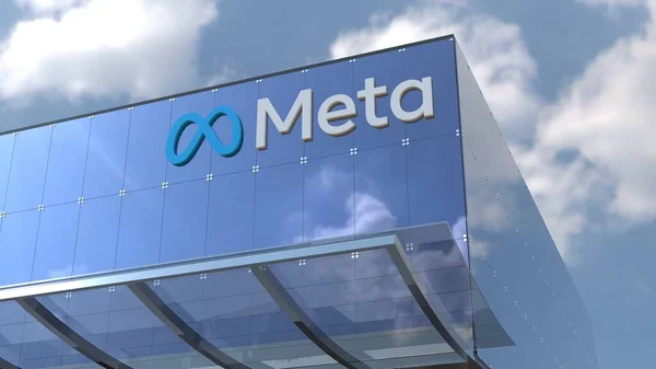 Meta Sadece 4K editör görüntülerinde mavi camlı modern bir ofis binası ve önde gelen bir şirket logosu var.