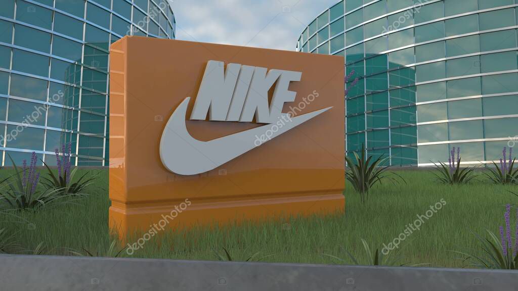 Nike Witness the power of branding as corporate logos editorial dominate the office building facade.