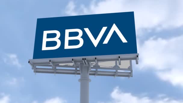 Bbva Interactive Street Διαφήμιση Ενεργοποίηση Προβολέων Λογότυπο Και Τον Ουρανό — Αρχείο Βίντεο