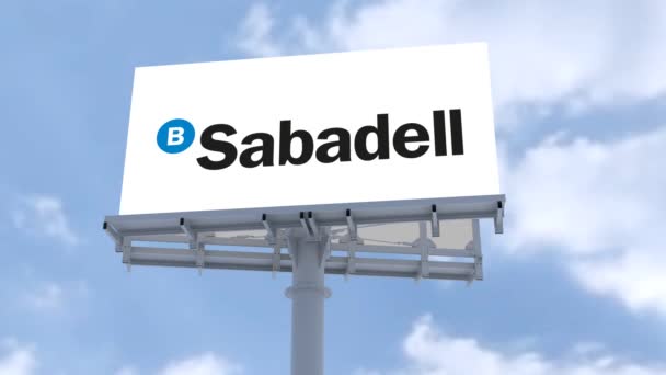 銀行Sabadellスカイラインビルボード広告 企業ブランドアイデンティティの促進 — ストック動画