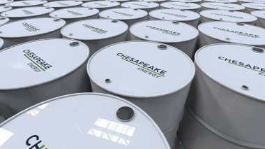 Chesapeake Enerji Kurumsal bir petrokimya şirketinin logosunu gösteren ham petrol varillerinin editör görüntüsü