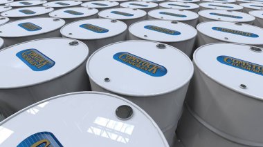 Comstock Kaynakları. Özellikle petrokimya sektörü için ham petrol varillerinin editörel görüntüsü.