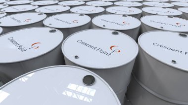 Crescent Point Enerji Editörlüğü, ham petrol varillerinin depolama ile ilgili içerik için uygun bir şirket petrokimya şirketinden damgalama ile görüntüsü