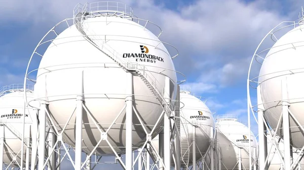 stock image Diamondback Energy Editorial shot of industrial petrochemical installations featuring white spherical structures representing gas and liquefied petroleum gas (LPG)