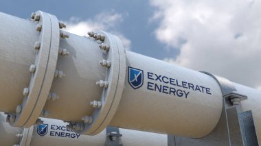Enerji Illustrasyonunu Hızlandır. Bir petrol ve gaz boru hattının çelik silindirini canlı bir mavi gökyüzü arka planına karşı sergiliyor ve görsel olarak çekici bir karşıtlık yaratıyor..