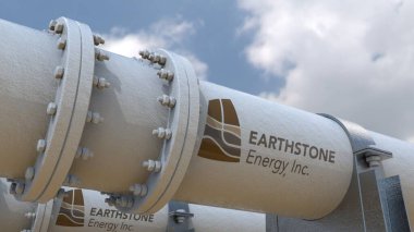 Dünya Taşı Enerji Şirketi, petrol ve gaz boru hattındaki çelik silindirin yakın plan görüntüsü. Anchorage, flanges, şirket logosu, vidalar ve fındıkları vurguluyor..